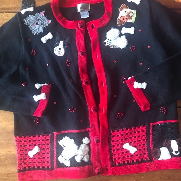 Vintage Berek Cardigan Sweater with Appliquéd Dogs Poodle Sz Medium M Ugly Party - Picture 1 of 10